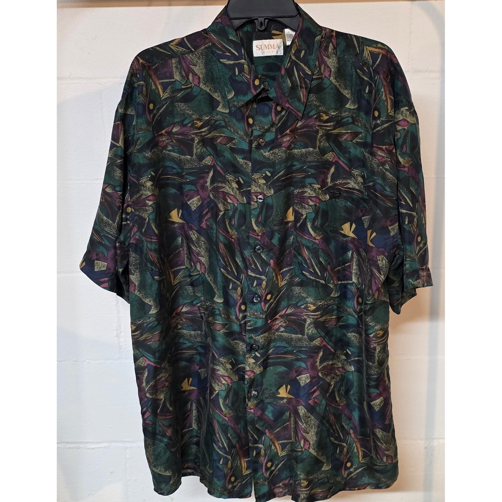 Vintage Summa 100% Silk Mens L Short Sleeve Button Shirt Abstract Green Purple
